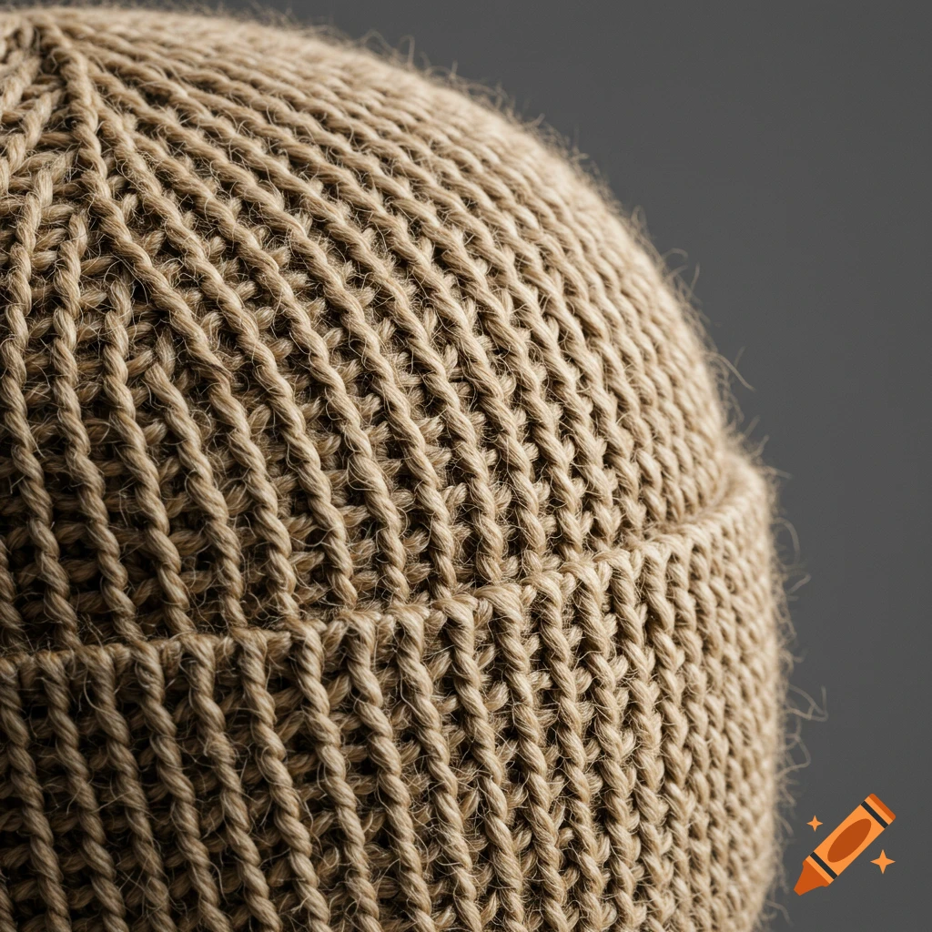 Close-up view of the knitted texture of a brown beanie