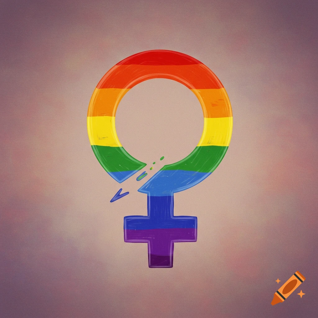 A painted female symbol in rainbow colors, with a broken tail.