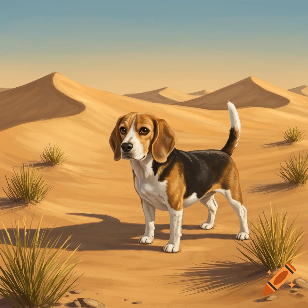 Illustration of a beagle dog standing among sand dunes and grass in a desert.