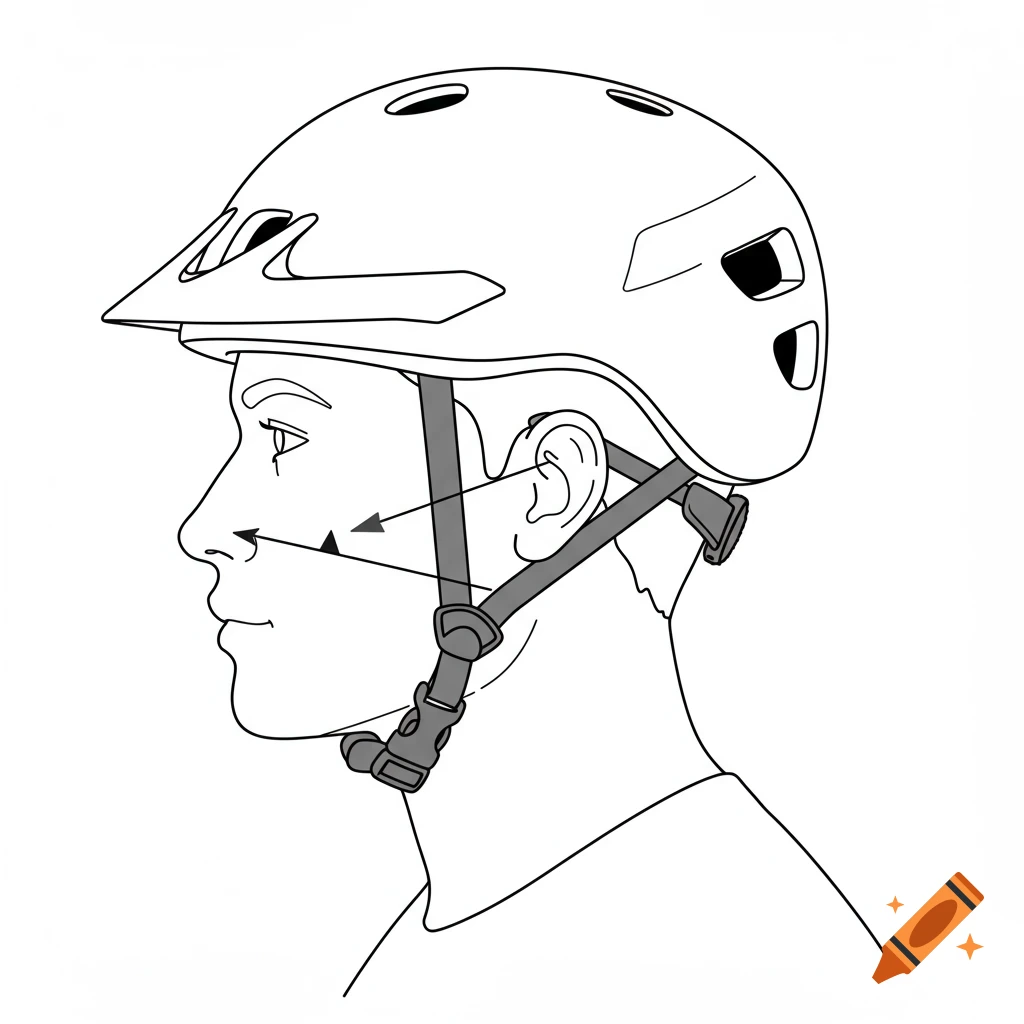 Line art diagram of a person wearing a bike helmet, showing the chin strap.