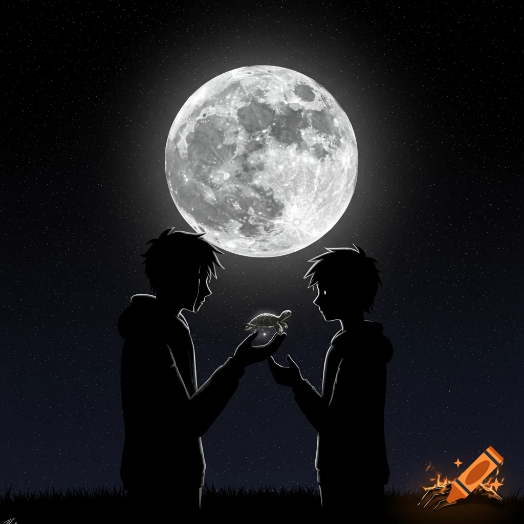 Two silhouettes stand under a full moon in a starry sky, one holding a small glowing turtle. A burnt glove lies on the ground nearby. Illustration.
