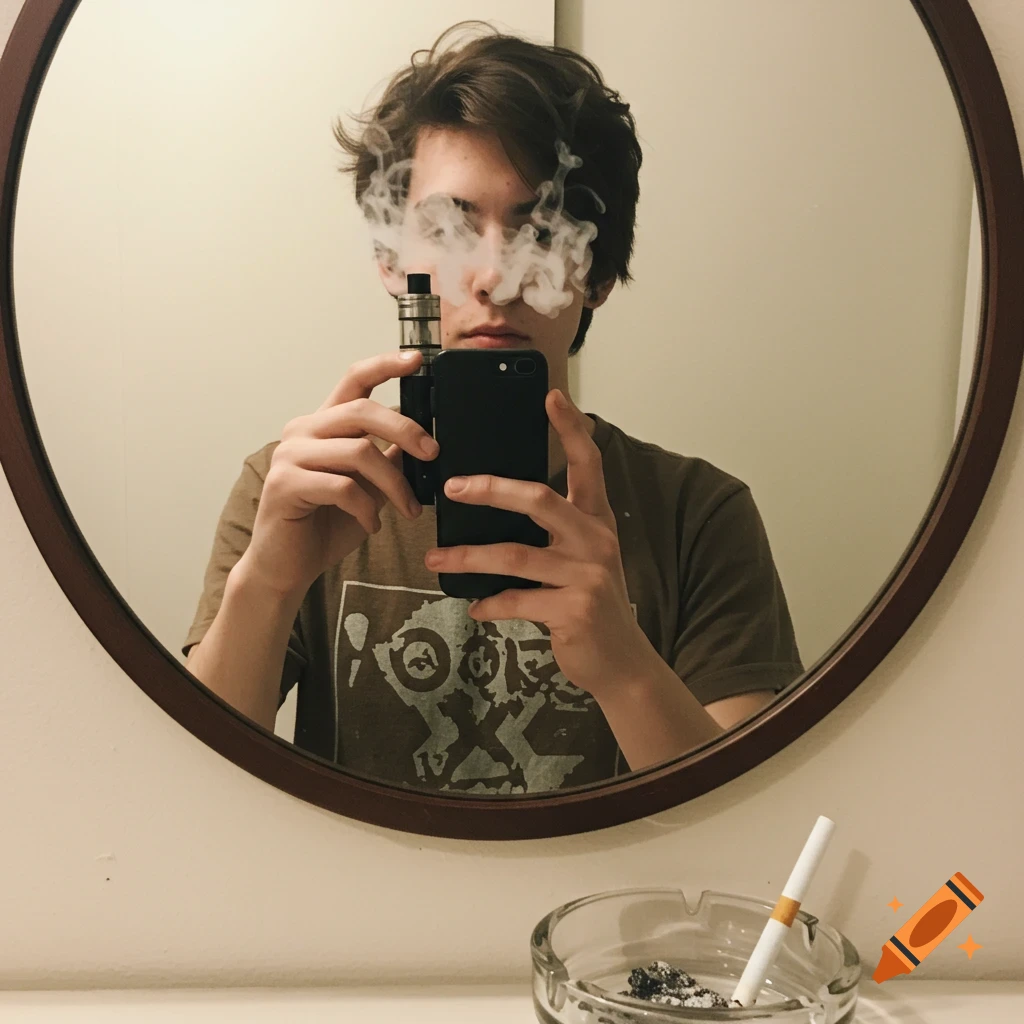 Person takes mirror selfie while vaping, with cigarette in ash tray