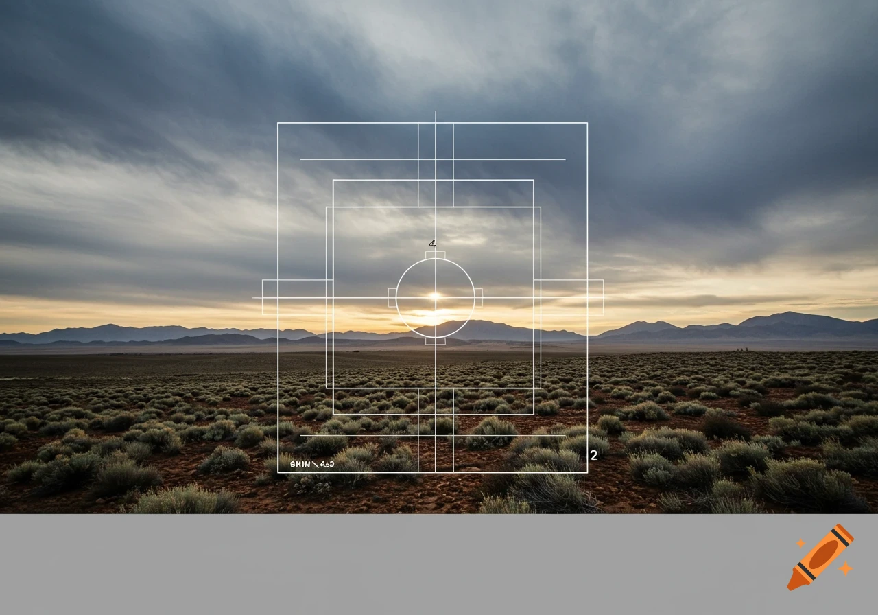 A sunset over a desert landscape with mountains and a white graphical grid overlay.