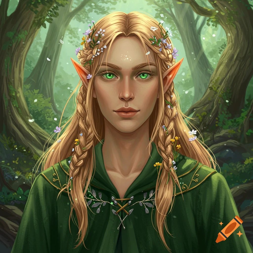 A portrait of a female elf with blonde braided hair adorned with flowers, green eyes, and a green hooded cloak in a forest.