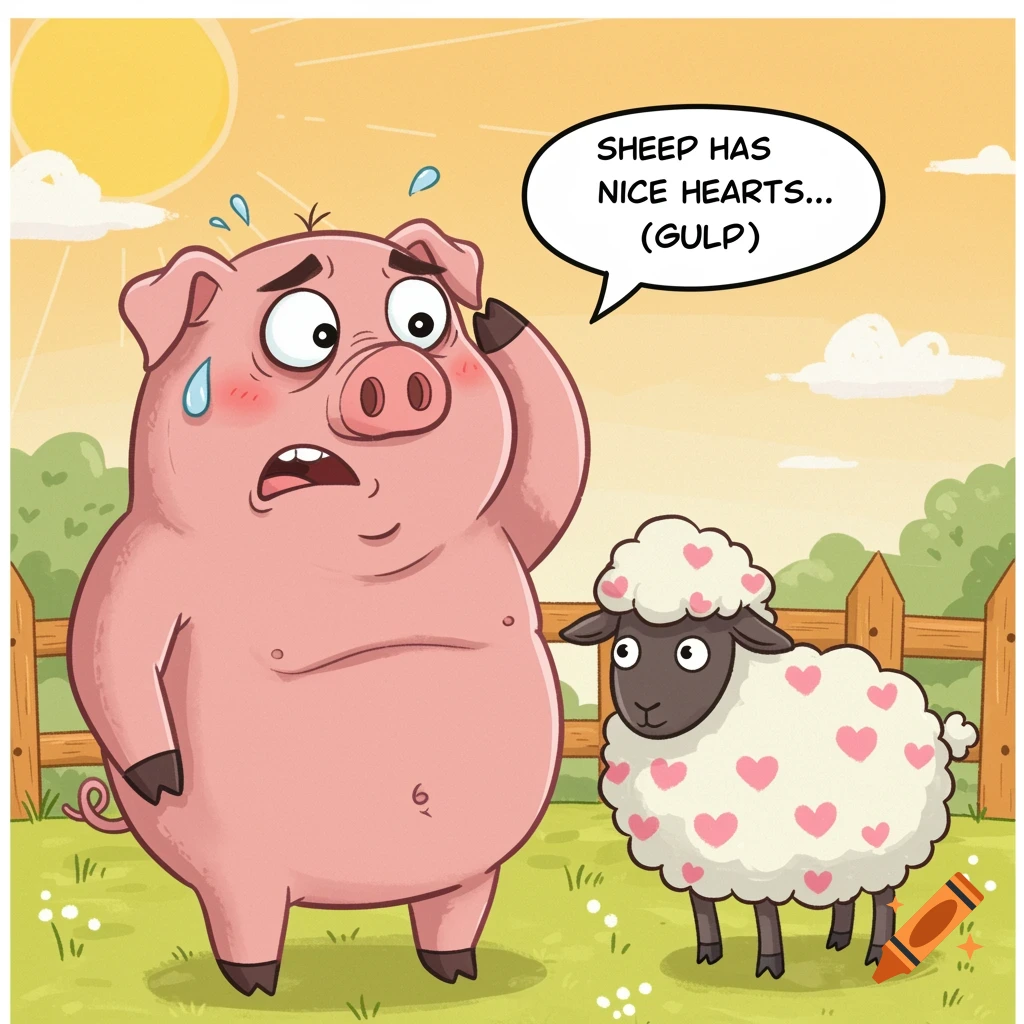 Cartoon pig nervously eyeing a sheep with heart-shaped wool on a sunny farm
