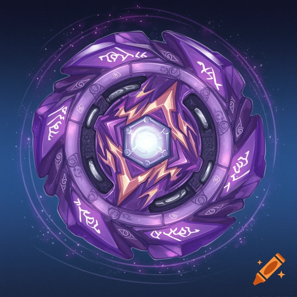 A purple spinning top with lightning patterns and magic symbols glows on a dark background.