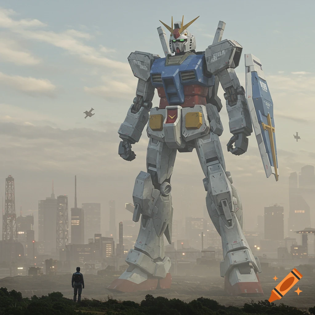 Giant Gundam robot stands in a hazy cityscape as a small figure looks up.
