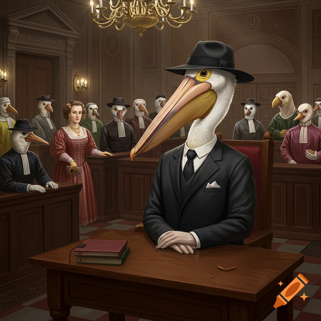 Anthropomorphic pelican in a suit and fedora sits at a table in a courtroom with other bird and human figures.