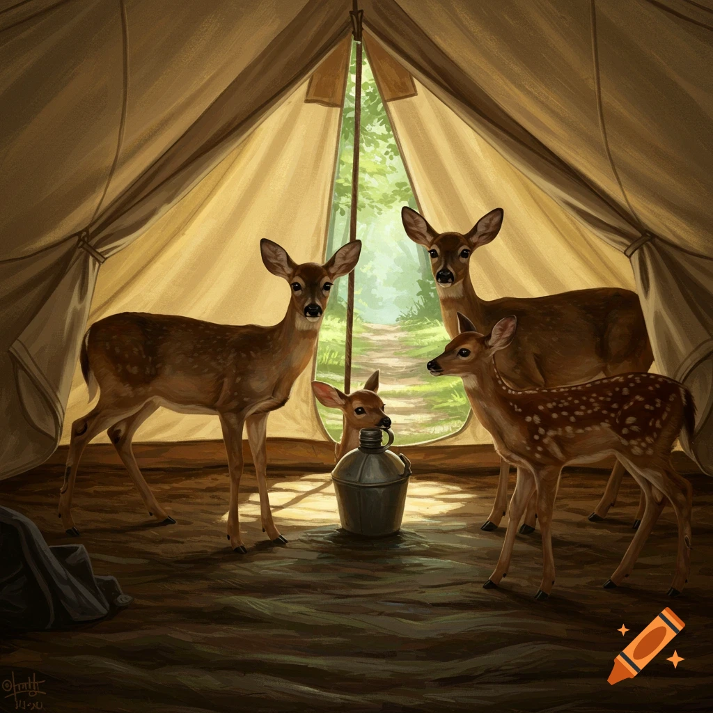Illustration of four deer standing inside a tent, looking out towards a forest path.
