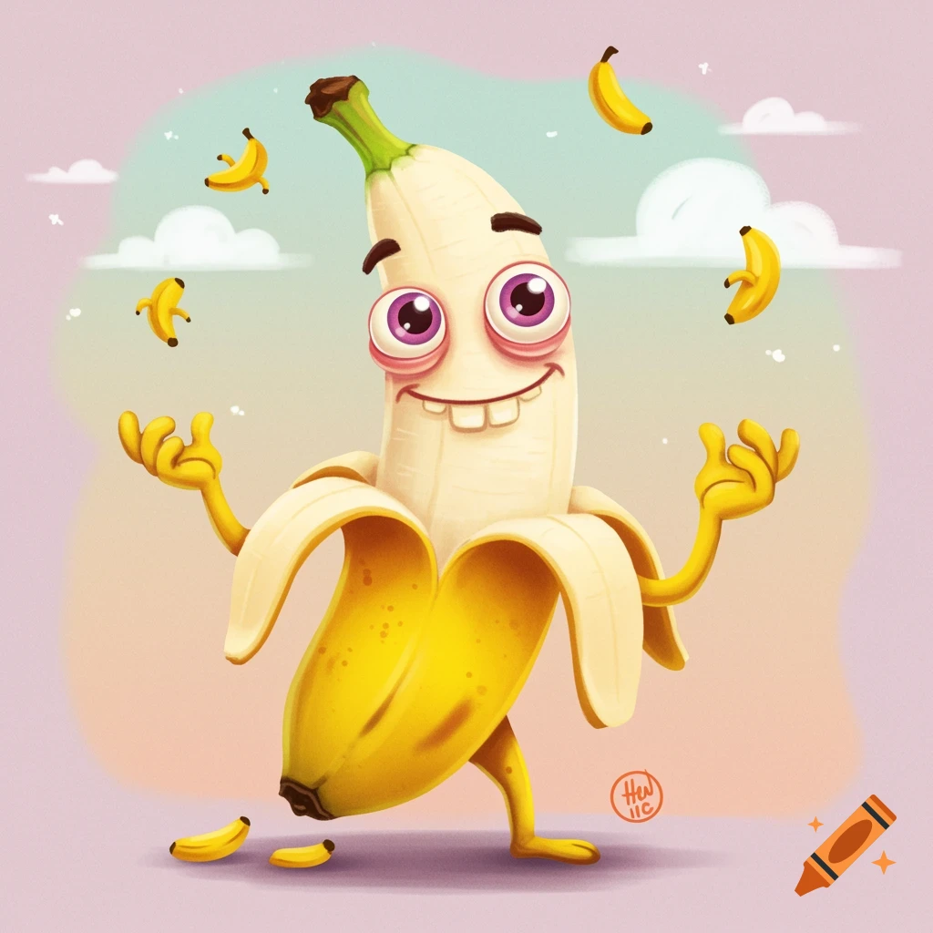 Cartoon illustration of a peeled banana character juggling smaller bananas