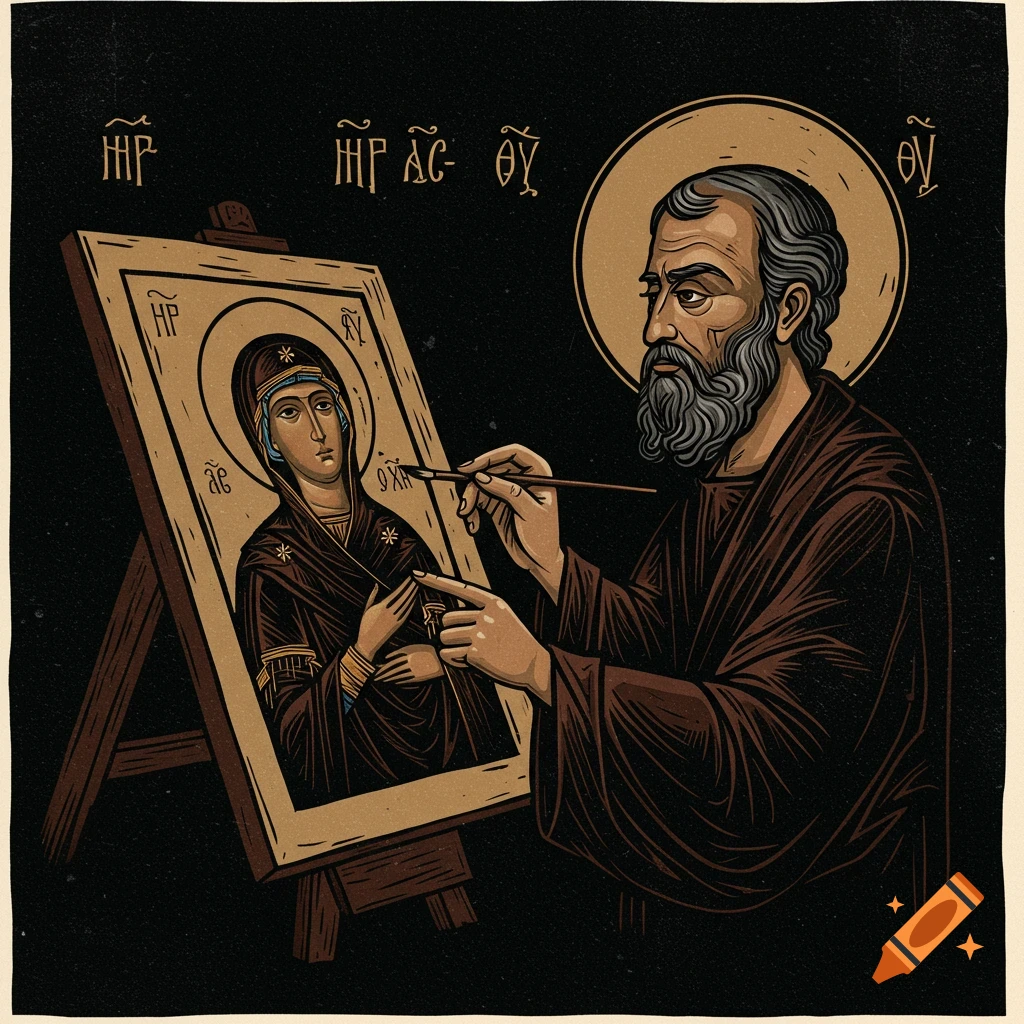 Saint Luke painting an icon of the Virgin Mary, stylized as an orthodox linocut.