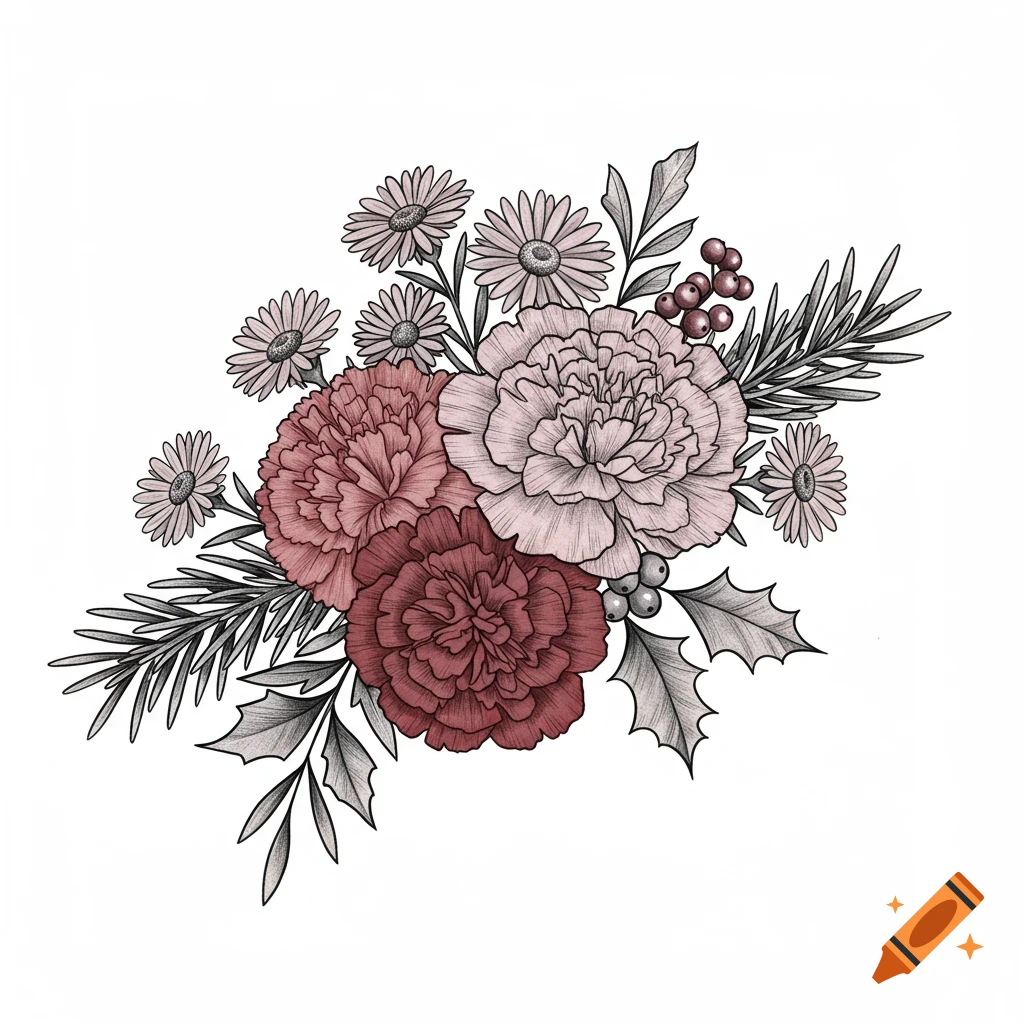 Floral tattoo stencil of a carnation, aster, and holly bouquet.