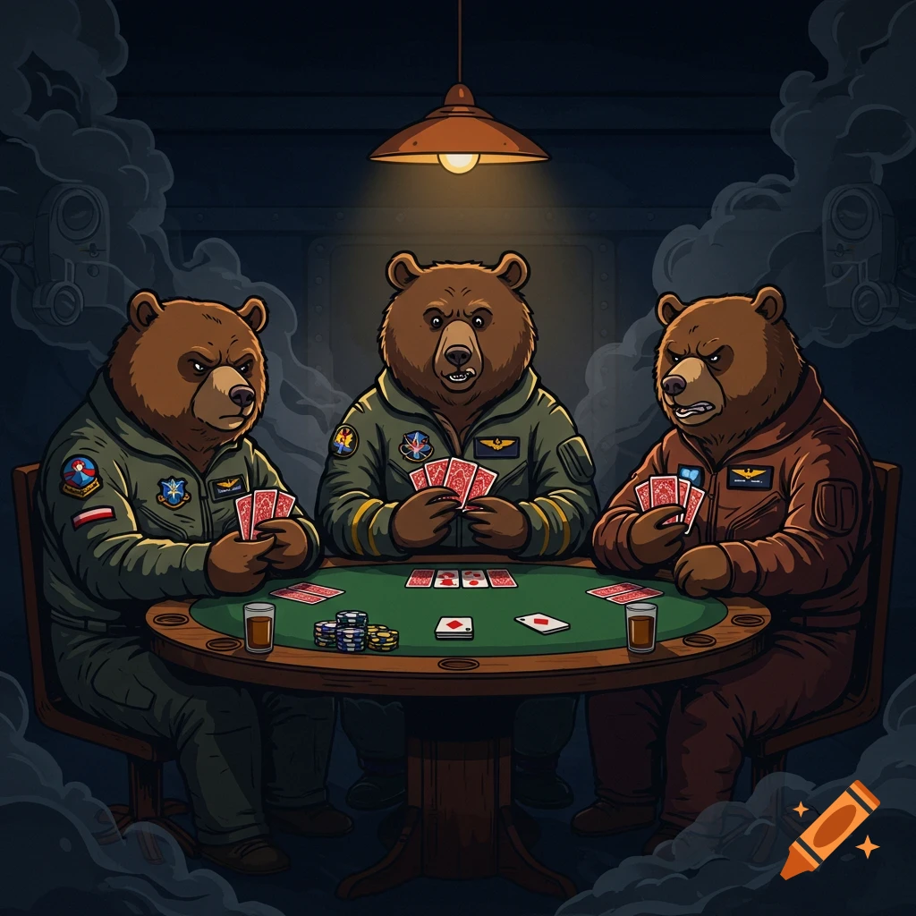 Three anthropomorphic bears in flight suits play poker in a smoky room.