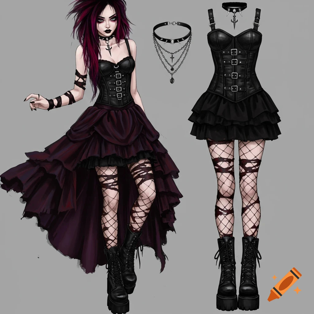 Stylized person in gothic metal punk outfit with separate outfit display