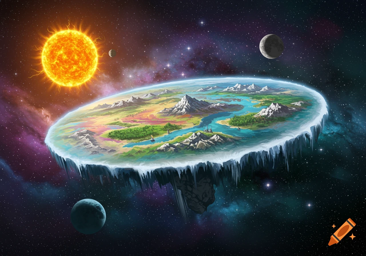 A colorful flat earth with mountains, rivers, and ice floating in space with a sun and planets.