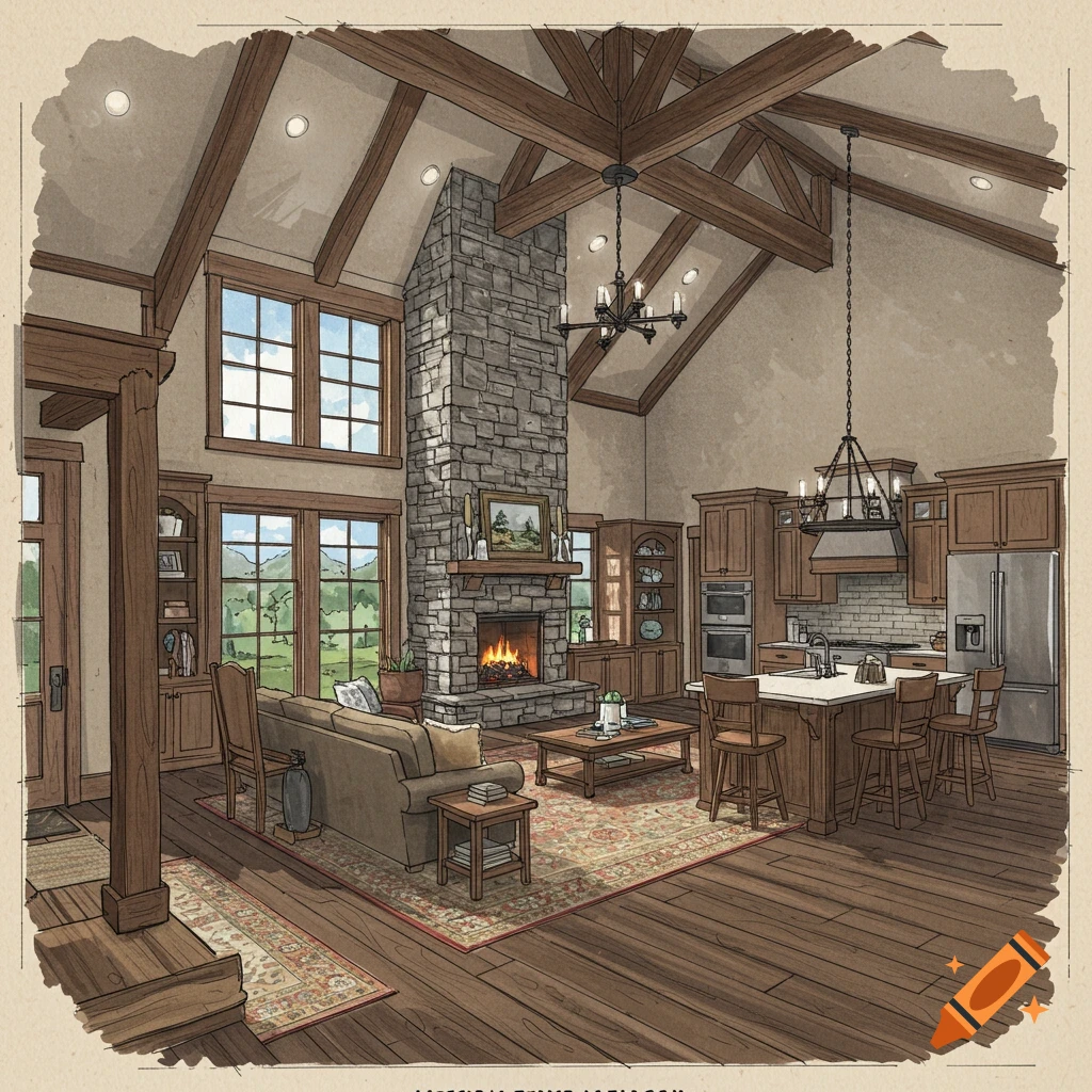 Architectural drawing of a vaulted living room and kitchen with a large stone fireplace and large windows.