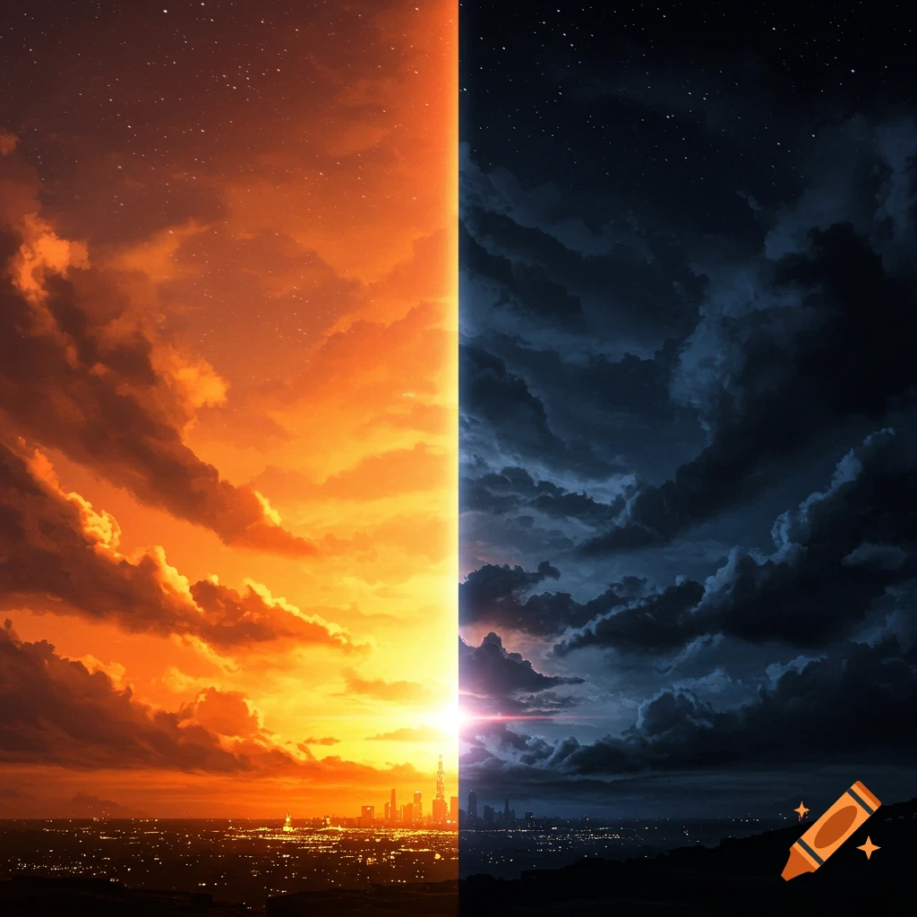 A divided sky shows a fiery sunset over a city on one side and a starry night over a city on the other.