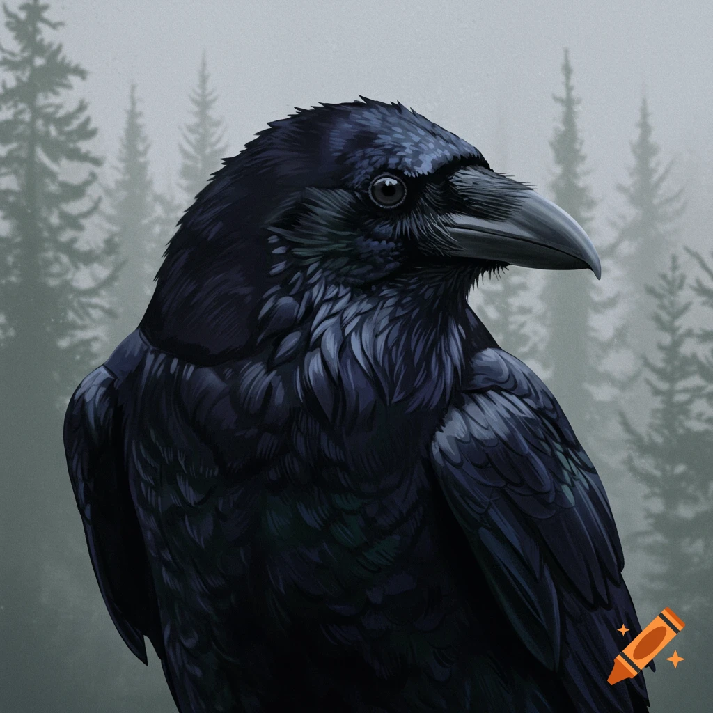 An illustrated side portrait of a black raven in a foggy forest.