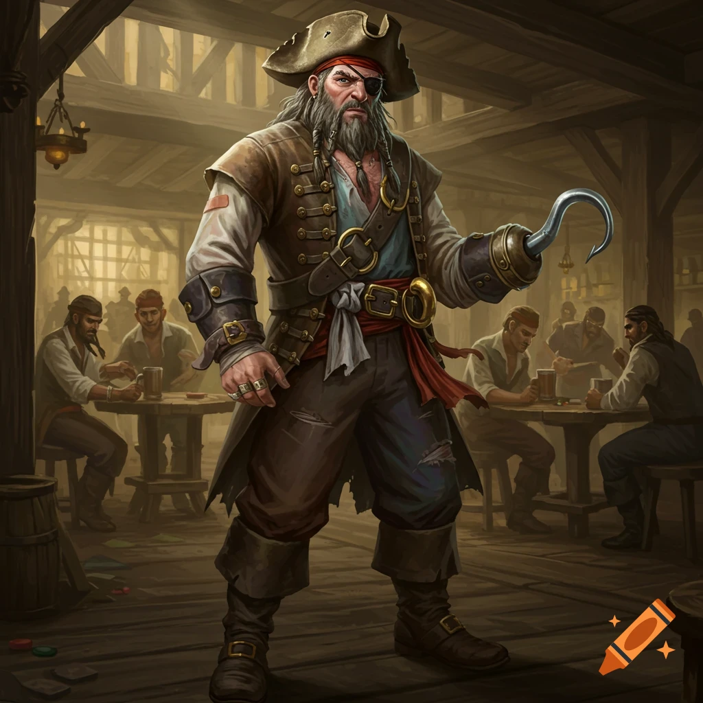 A pirate with a hook hand stands in a tavern.