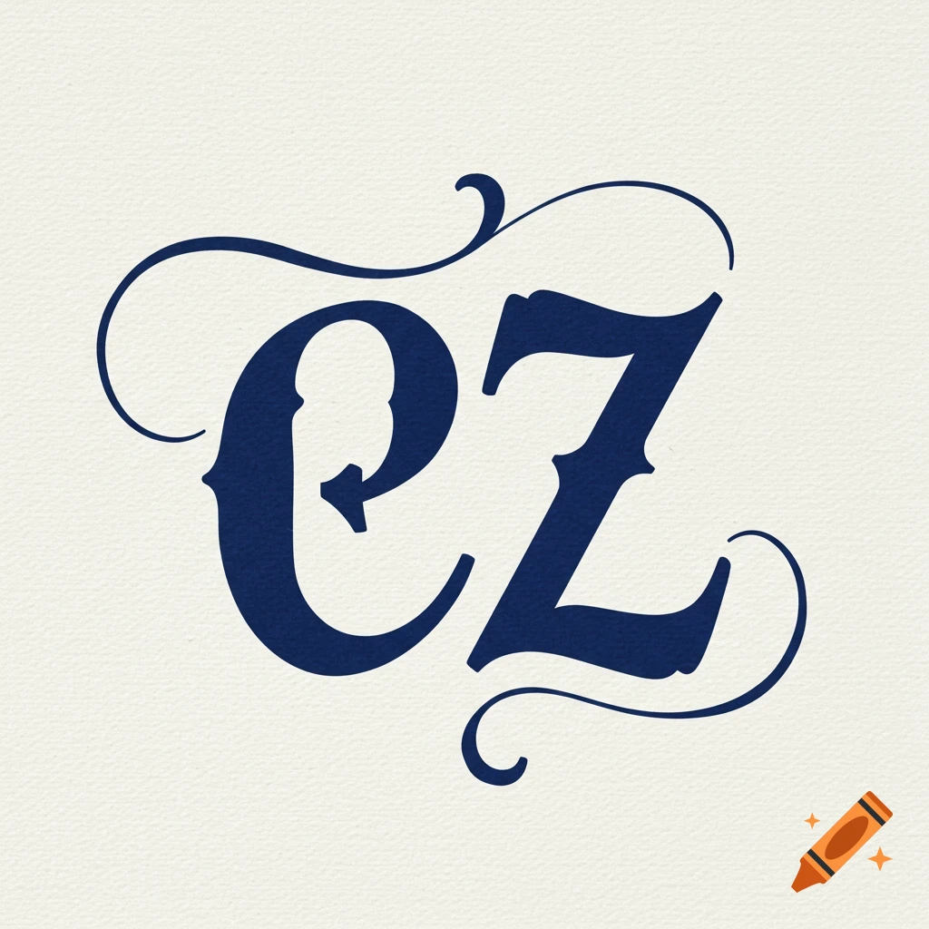 Blue calligraphy letters EZ on a textured background