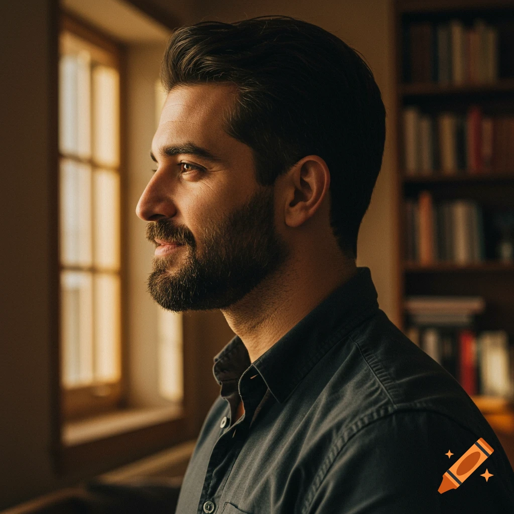 Profile of a man with a beard looking out a window in a room with a bookshelf.