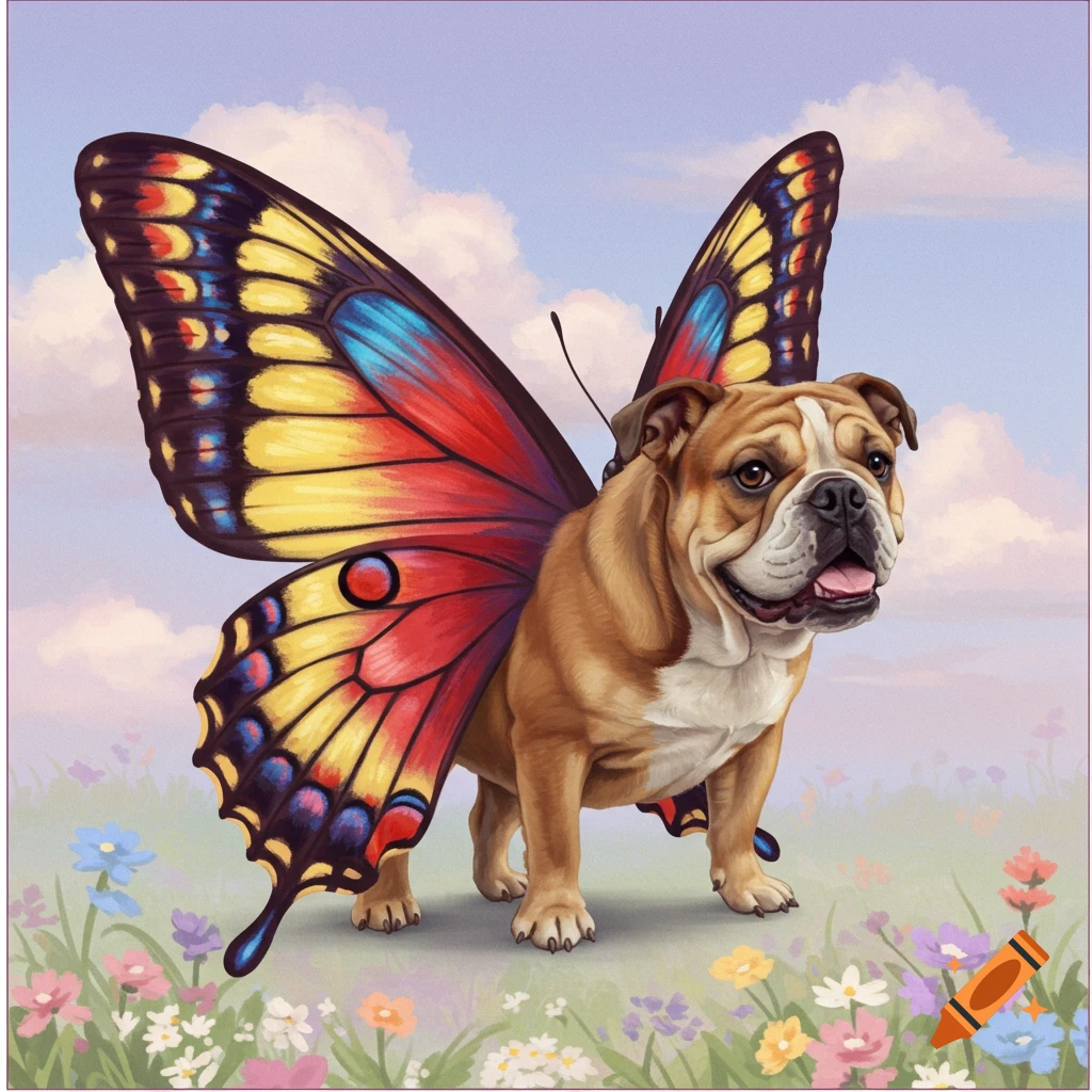An illustration of a bulldog with large, colorful butterfly wings standing in a flower field.