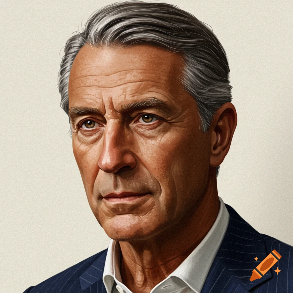 A detailed illustration of an older man in a blue pinstripe suit.