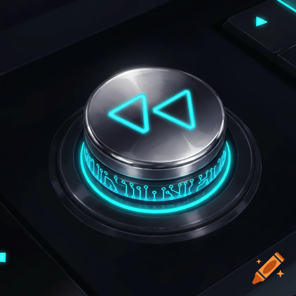 Close-up of a metallic rewind button with glowing blue symbols and circuitry.