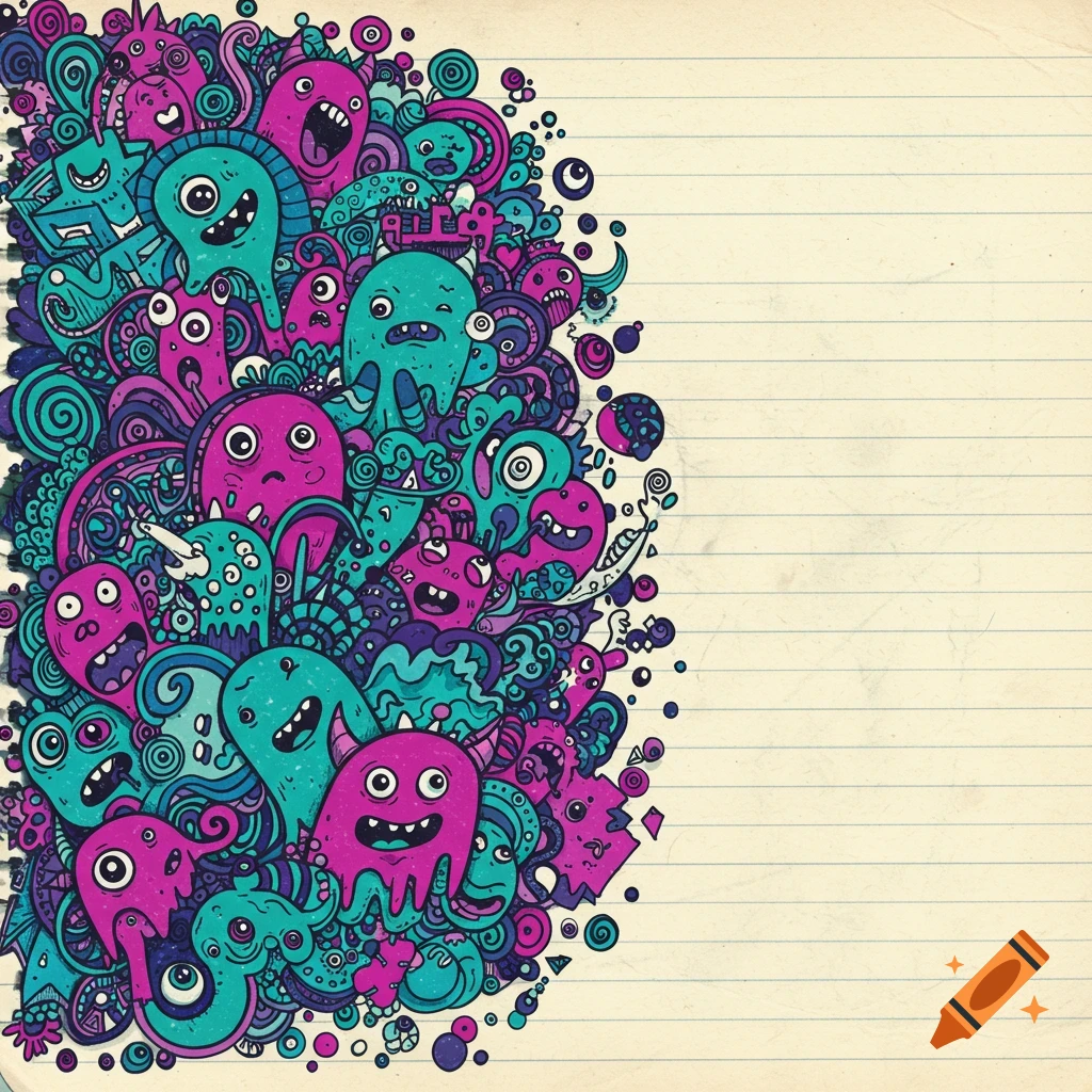 Colourful cartoon monsters doodled on lined notebook paper.
