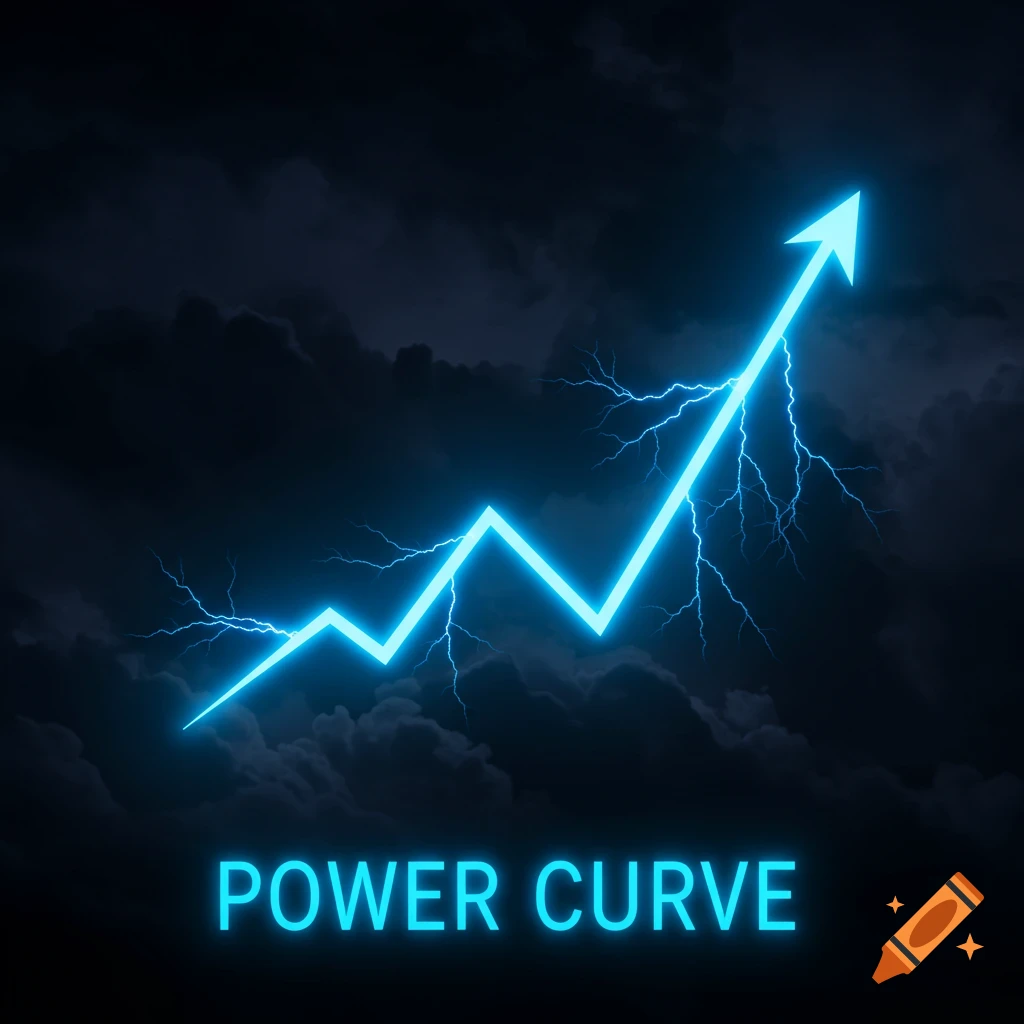 A bright blue lightning bolt line graph ascends sharply with an arrow point against a dark, stormy sky background. The text "POWER CURVE" is below the graph.