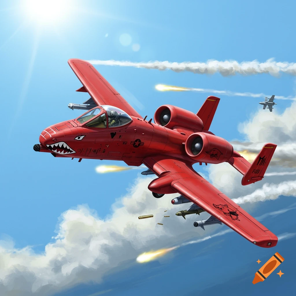 An illustration of a red A-10 Warthog fighter jet with shark teeth nose art and a Razorback decal, flying and shooting its cannon.