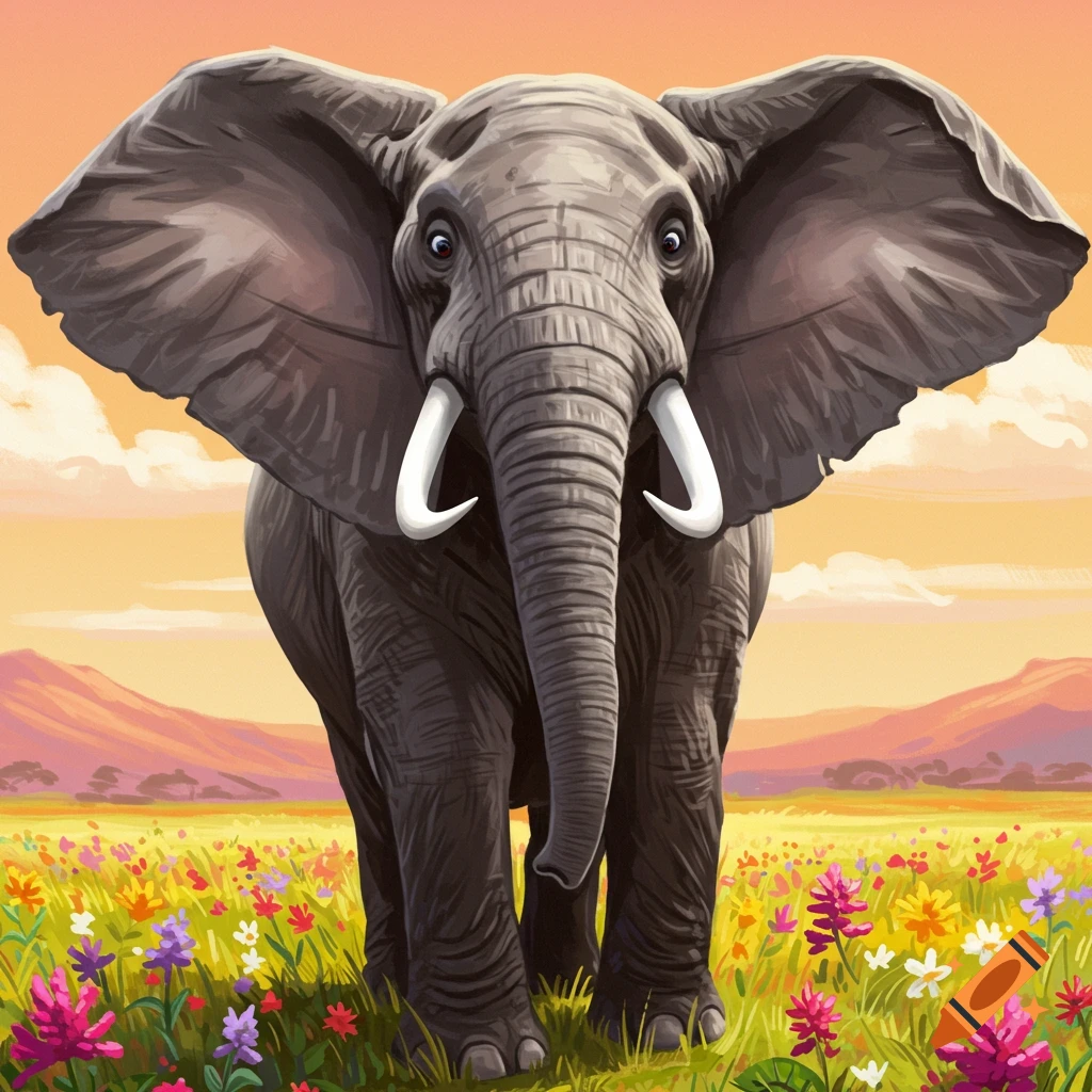 Illustration of an elephant standing in a colorful field of flowers with mountains in the background