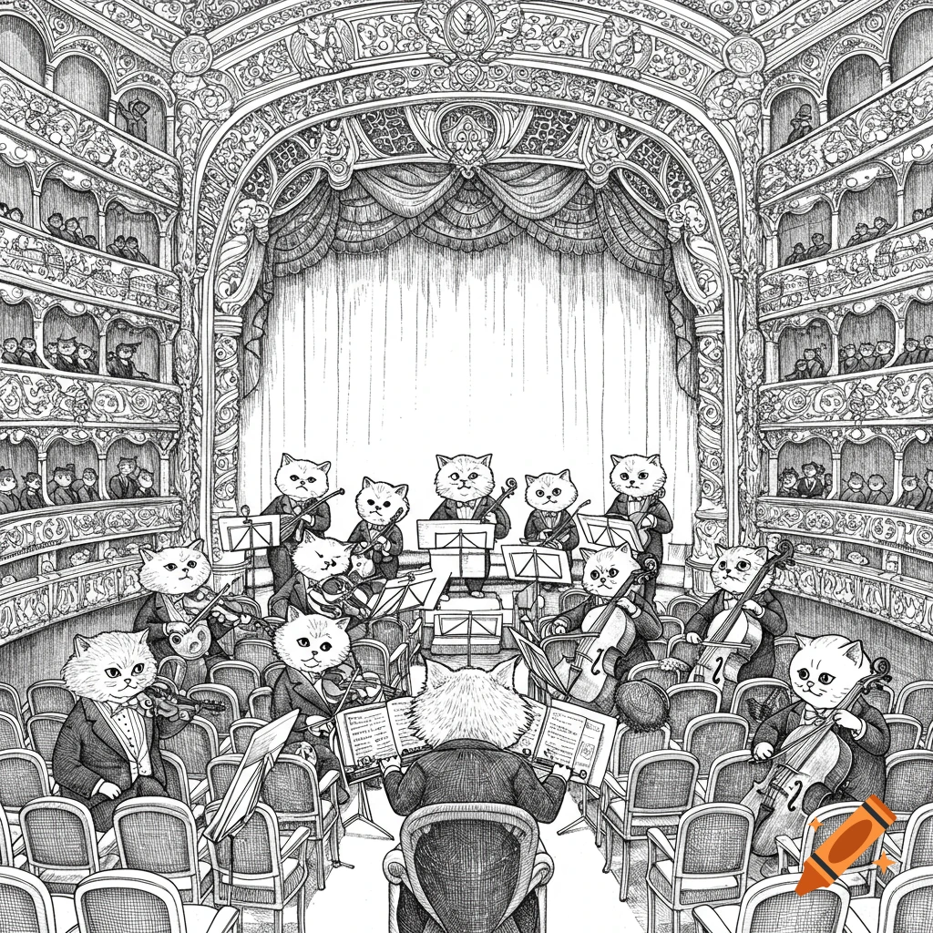 Black and white illustration of an orchestra of cats performing on stage in a grand theater.
