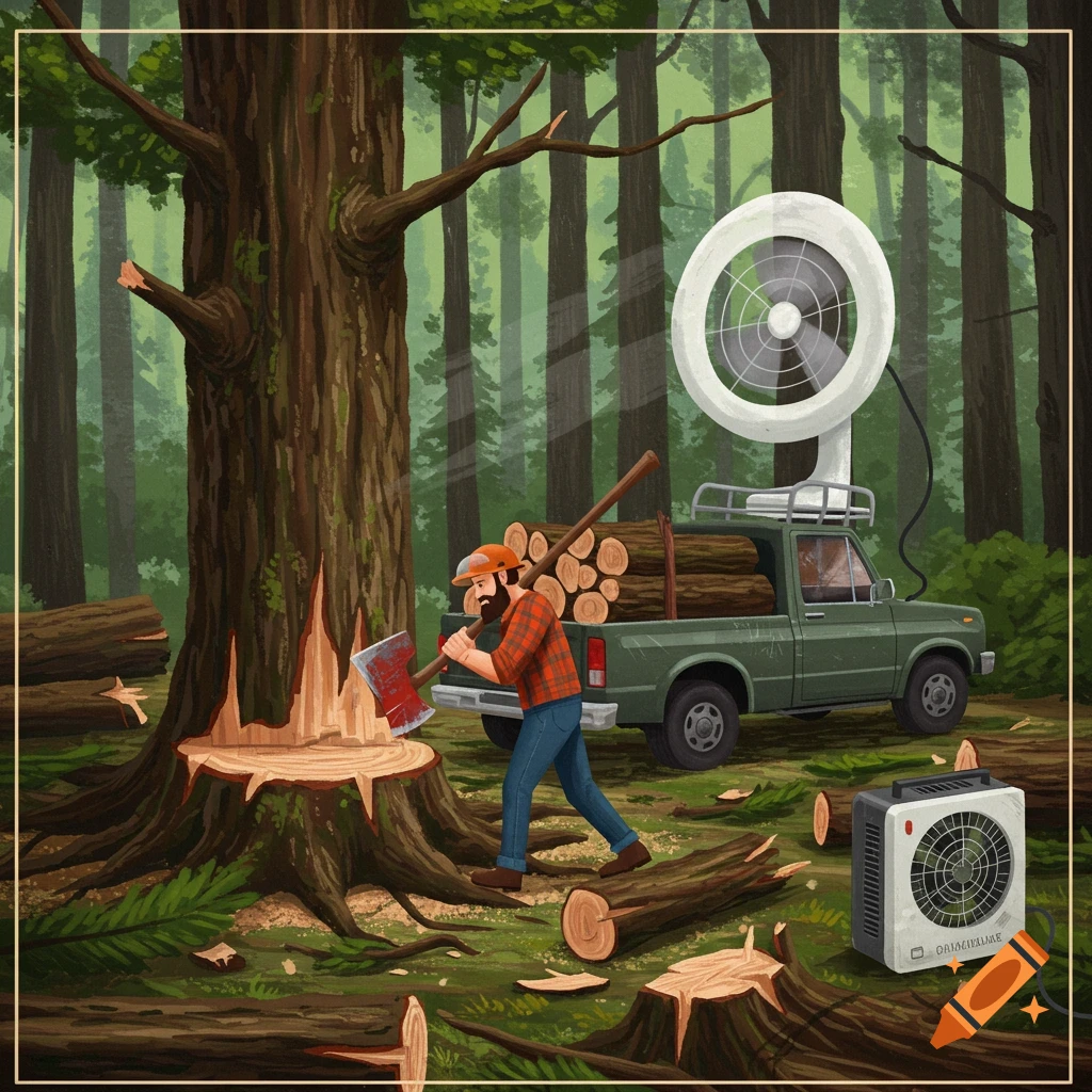 A lumberjack chops a tree in a forest with an axe, next to a truck loaded with logs and a large fan powered by the truck.