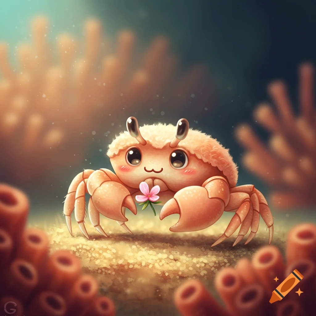 A cute cartoon crab holds a pink flower underwater.