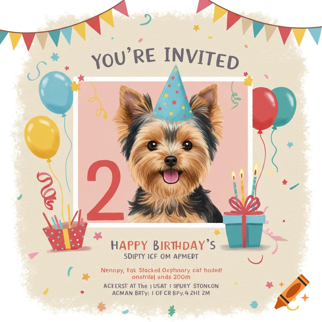 Watercolor birthday card for a dog featuring a Yorkshire Terrier puppy in a party hat with balloons.