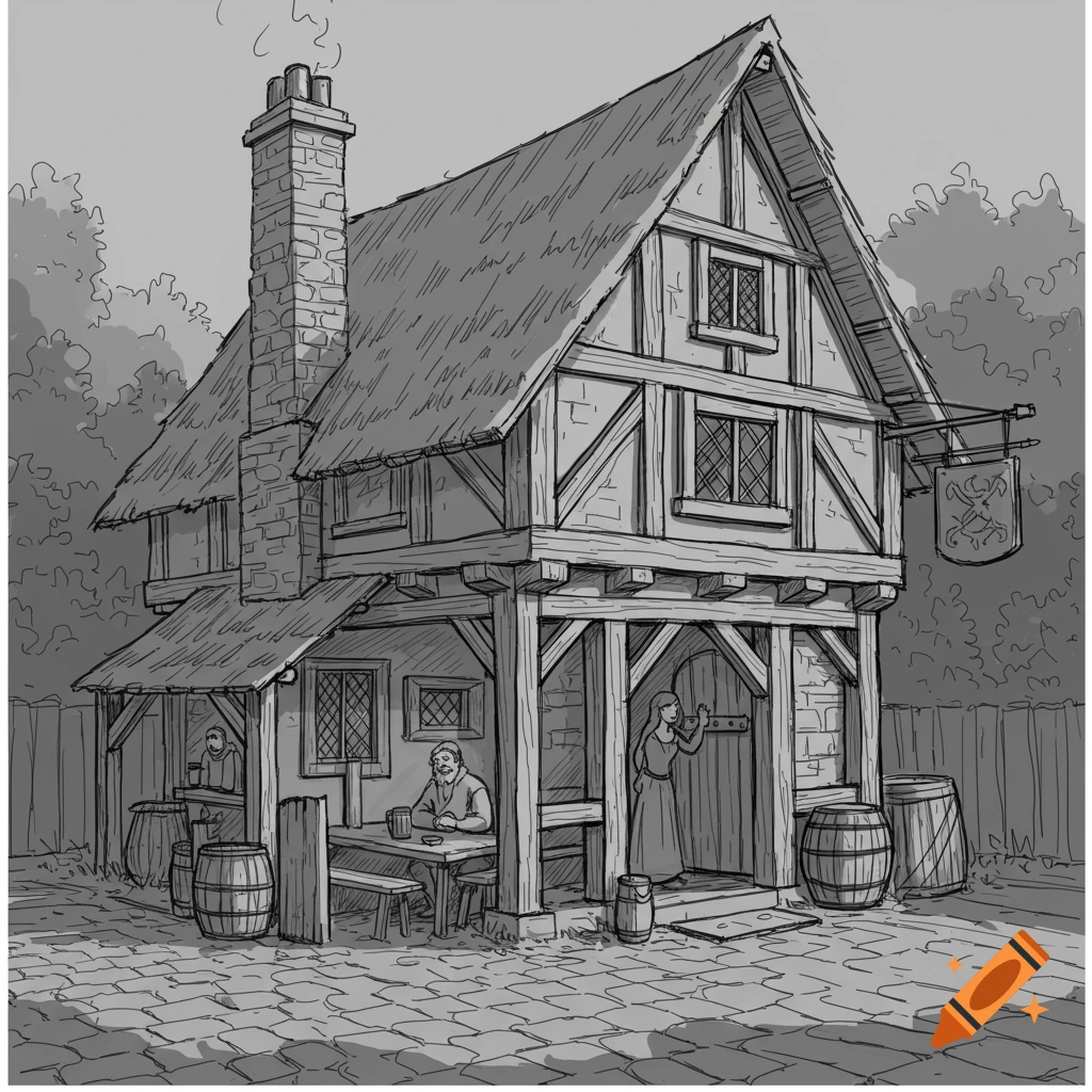 Grayscale sketch of a medieval tavern with people seated outside