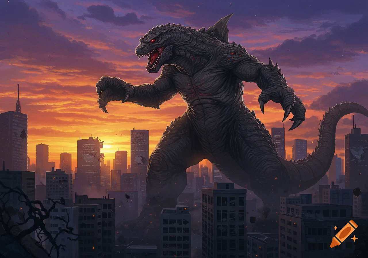 A giant kaiju stands over a ruined city against a dramatic sunset.