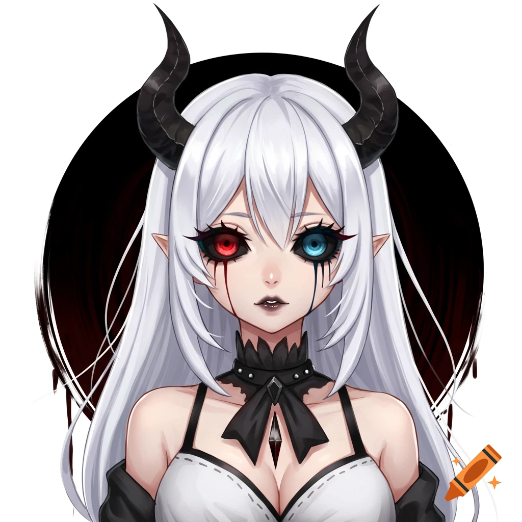 Anime portrait of a white-haired character with black horns, one red eye, one blue eye, and black tears.