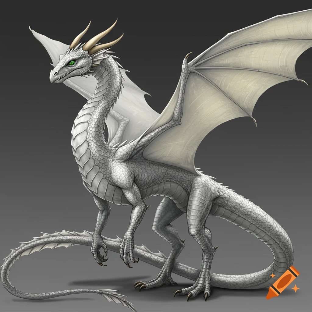An illustration of a silver wyvern dragon with green eyes and white wings standing on a dark background.