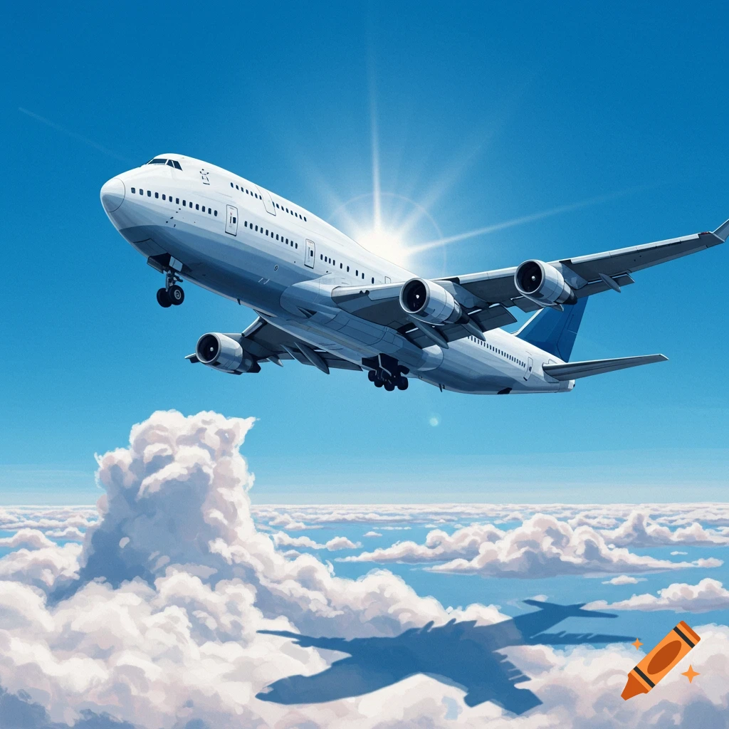 A white Boeing 747 airplane flies above clouds in a blue sky with the sun shining.