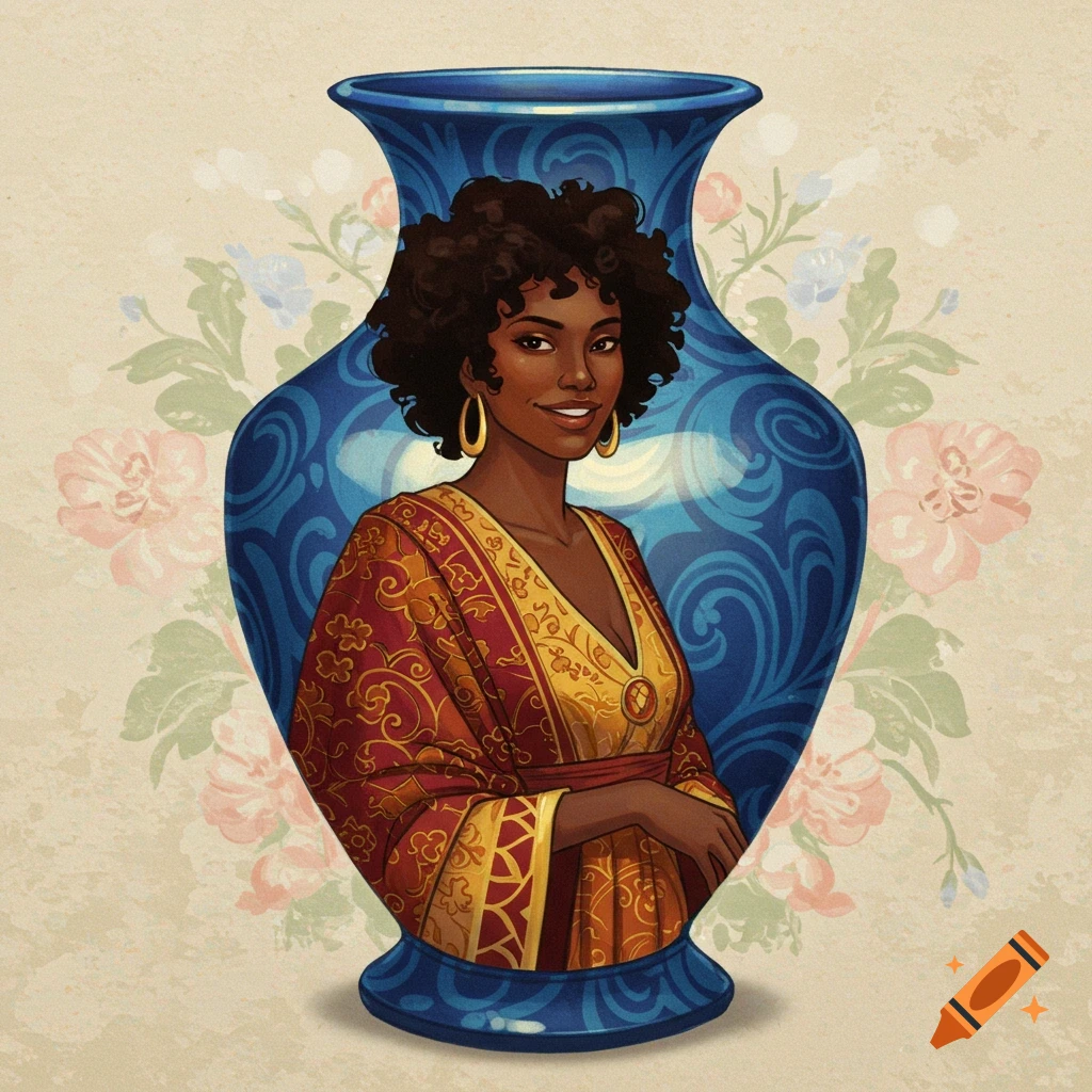 Stylized illustration of a Black woman in a patterned dress inside a blue vase.