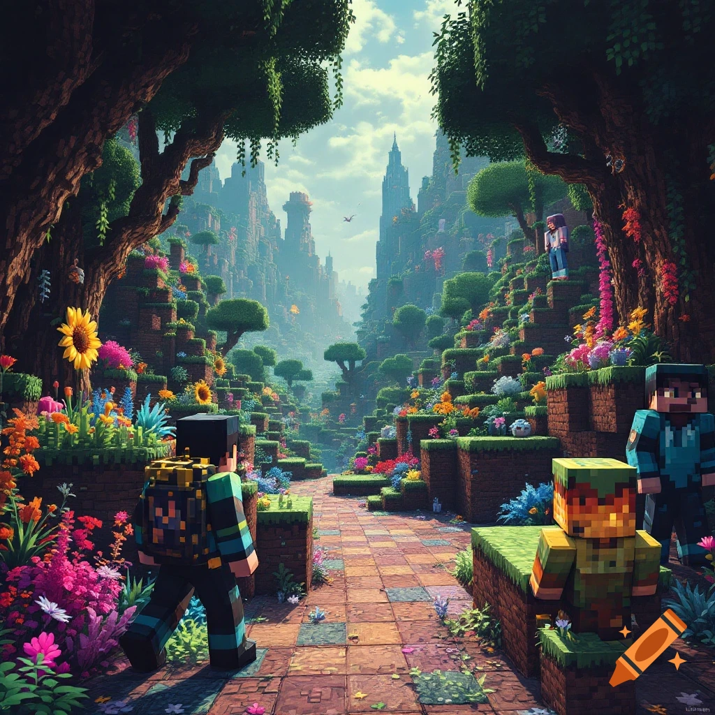 Minecraft-style characters explore a colorful, blocky landscape with flowers and tall structures in the distance.