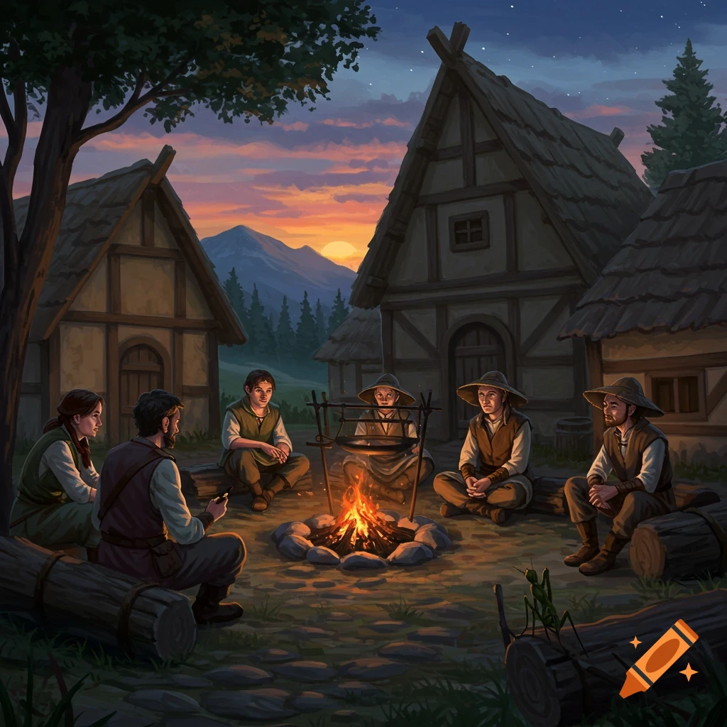 People sit around a campfire in a fantasy village at sunset.