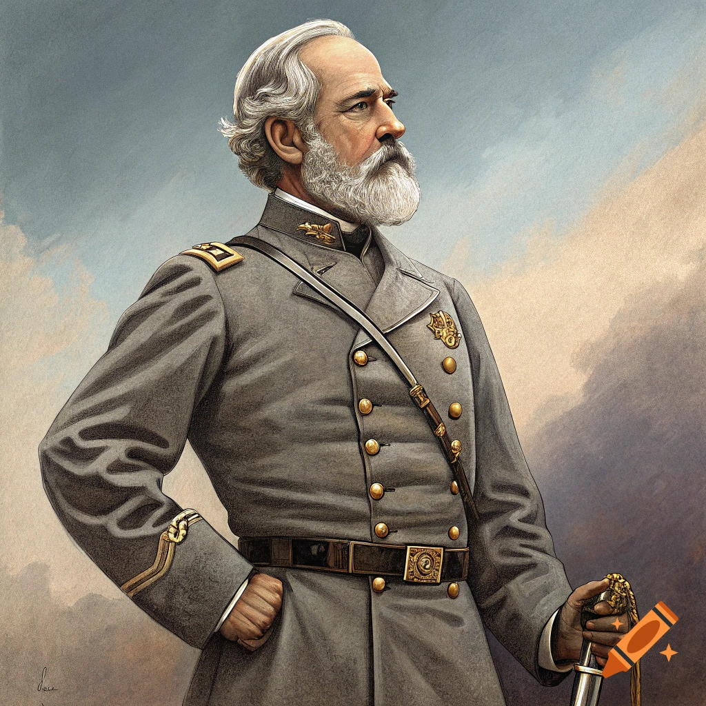 Painting of Robert E. Lee in a grey Confederate uniform