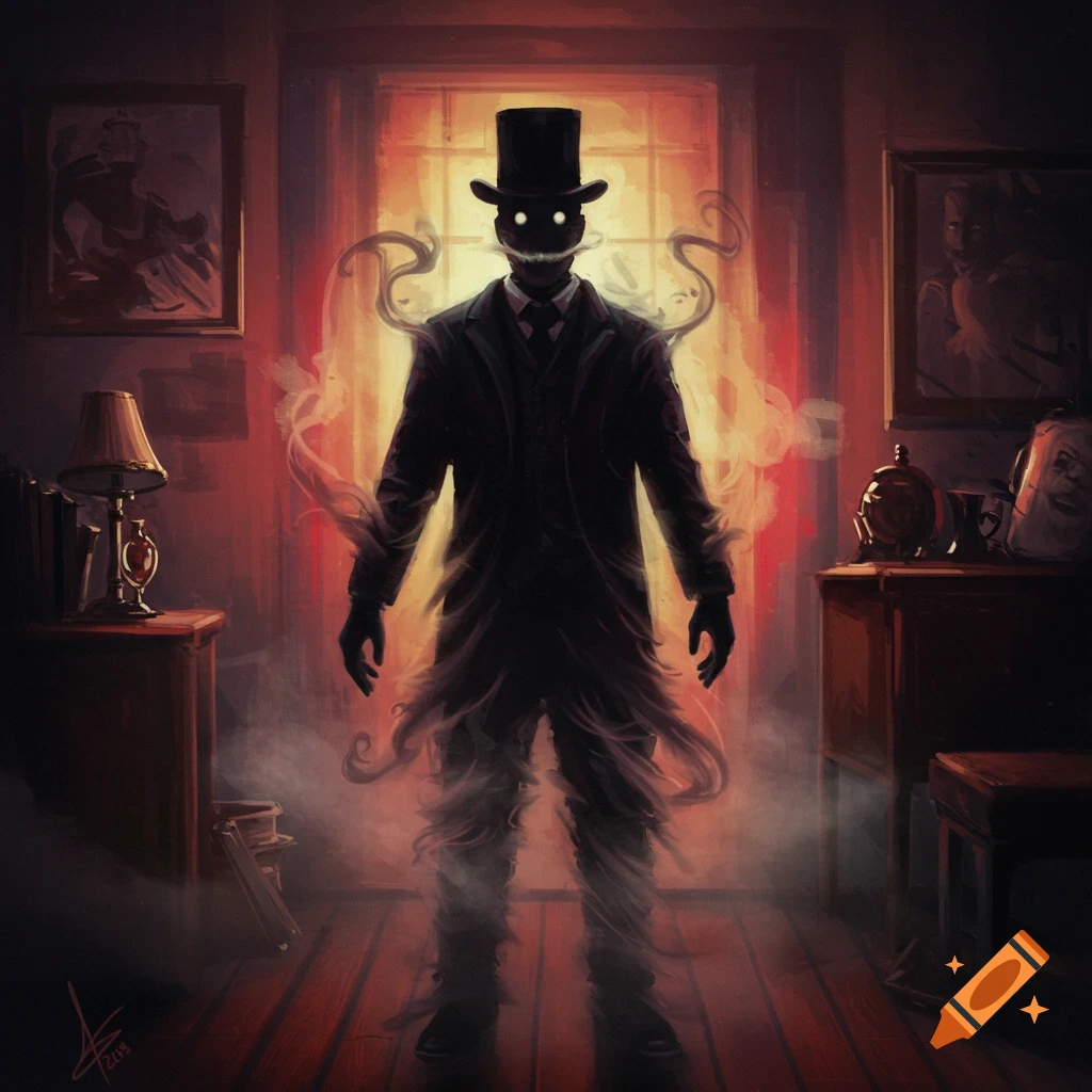 A shadowy figure in a top hat and suit with glowing eyes stands in a room wreathed in smoke, lit by red light from a doorway. Dark fantasy art.