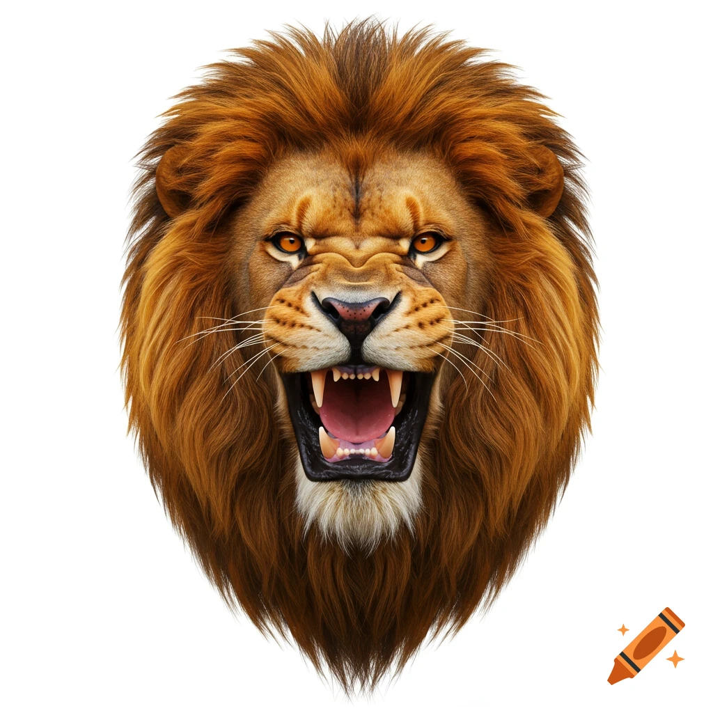 A close-up photorealistic image of a roaring lion's head on a white background.