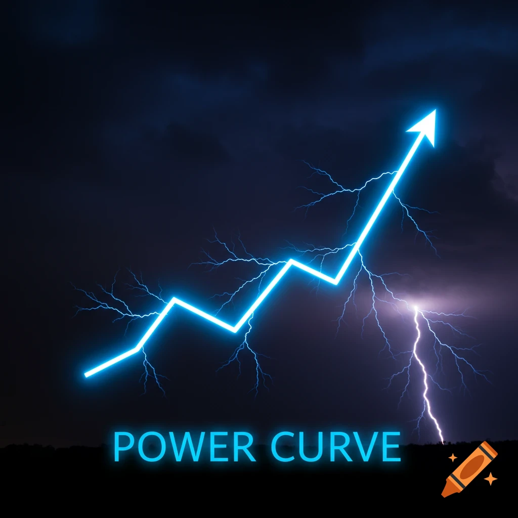 A bright blue lightning bolt forms an upward-trending graph line against a dark, stormy sky with real lightning. Text reads 'POWER CURVE'.