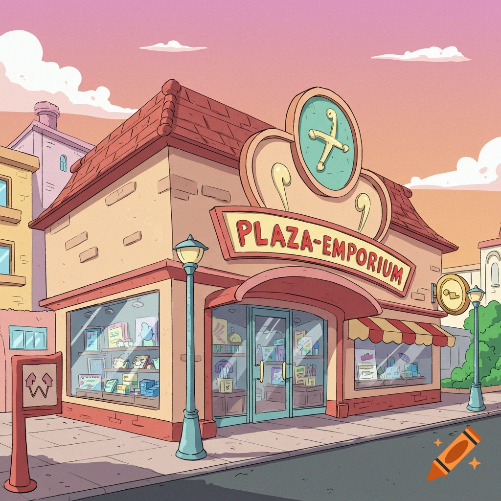 Cartoon street scene with a store called Plaza-Emporium at sunset.