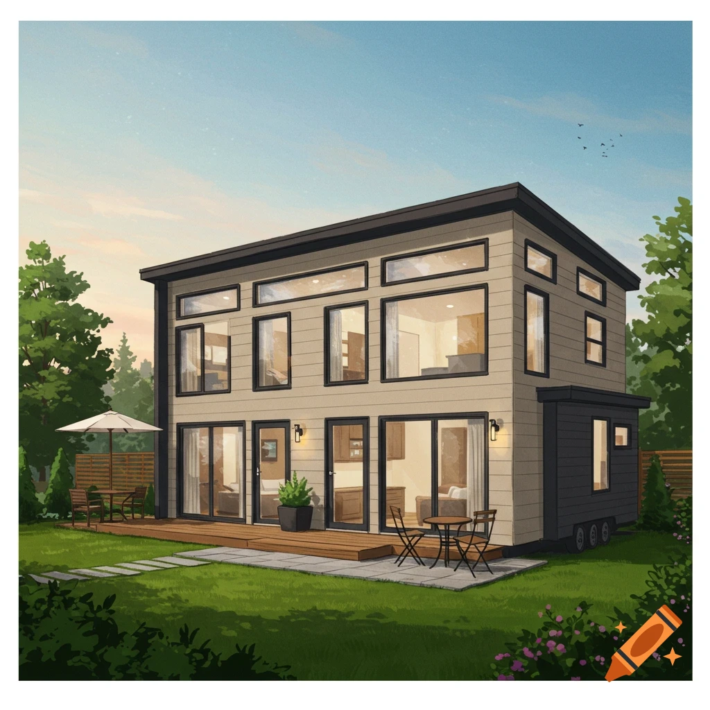 A modern two-story house with large windows sits in a green garden with patio furniture. Digital illustration.